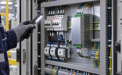 Technician inspecting an industrial power supply in a control cabinet