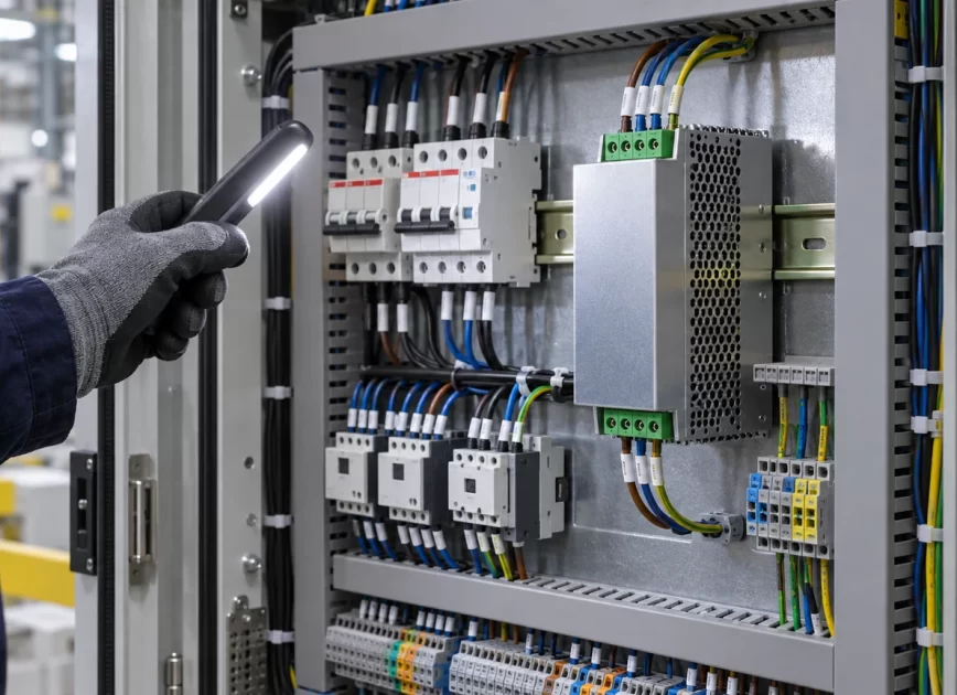 Technician inspecting an industrial power supply in a control cabinet