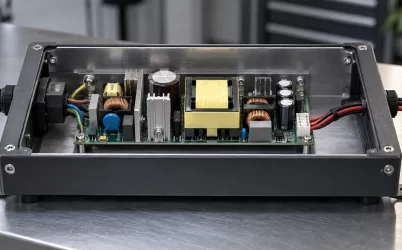Low profile AC DC open frame power supply in shallow enclosure