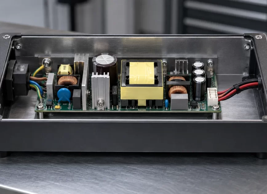 Low profile AC DC open frame power supply in shallow enclosure