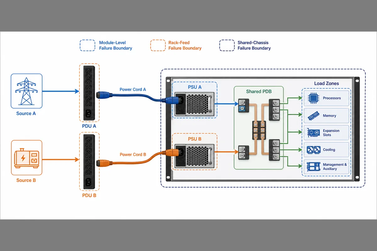 Normal, degraded, and restored states of a redundant server power supply pair