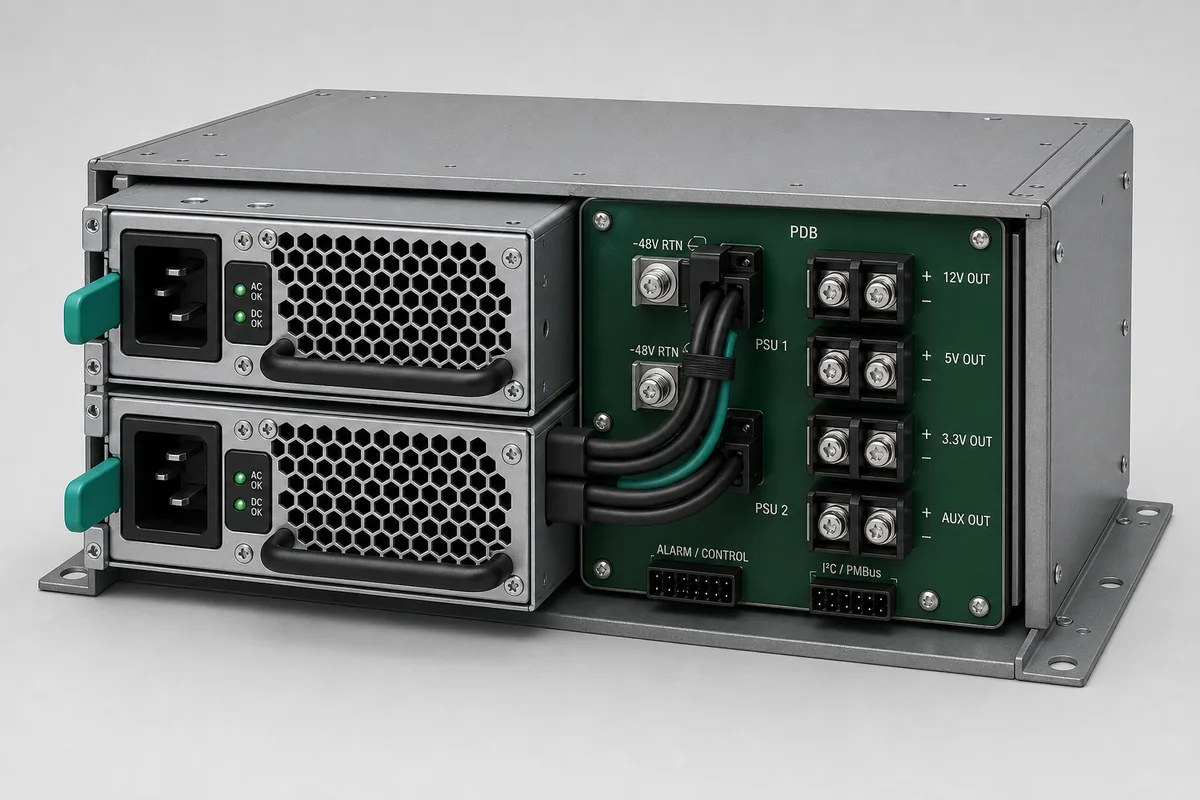One surviving server PSU carrying the twelve volt bus after the other module is unavailable
