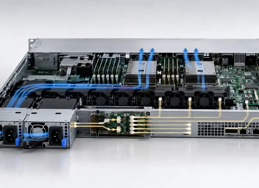 Two unit server power supply installed in a rack server rear view