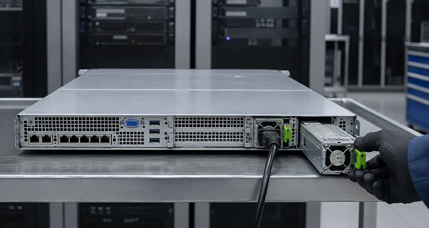 Hot swap service with one healthy one u server power supply
