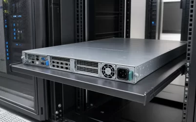 One unit server power supply installed in a rack server rear view