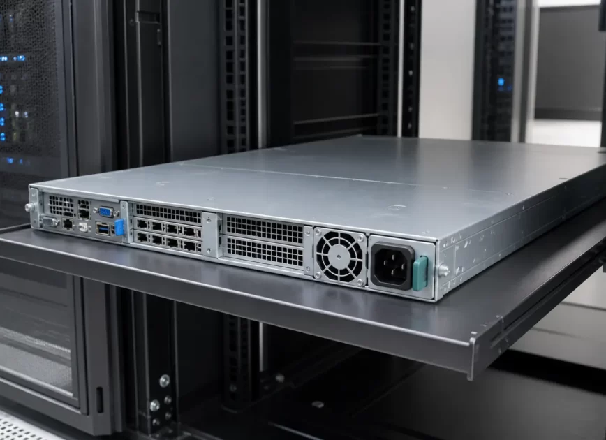 One unit server power supply installed in a rack server rear view