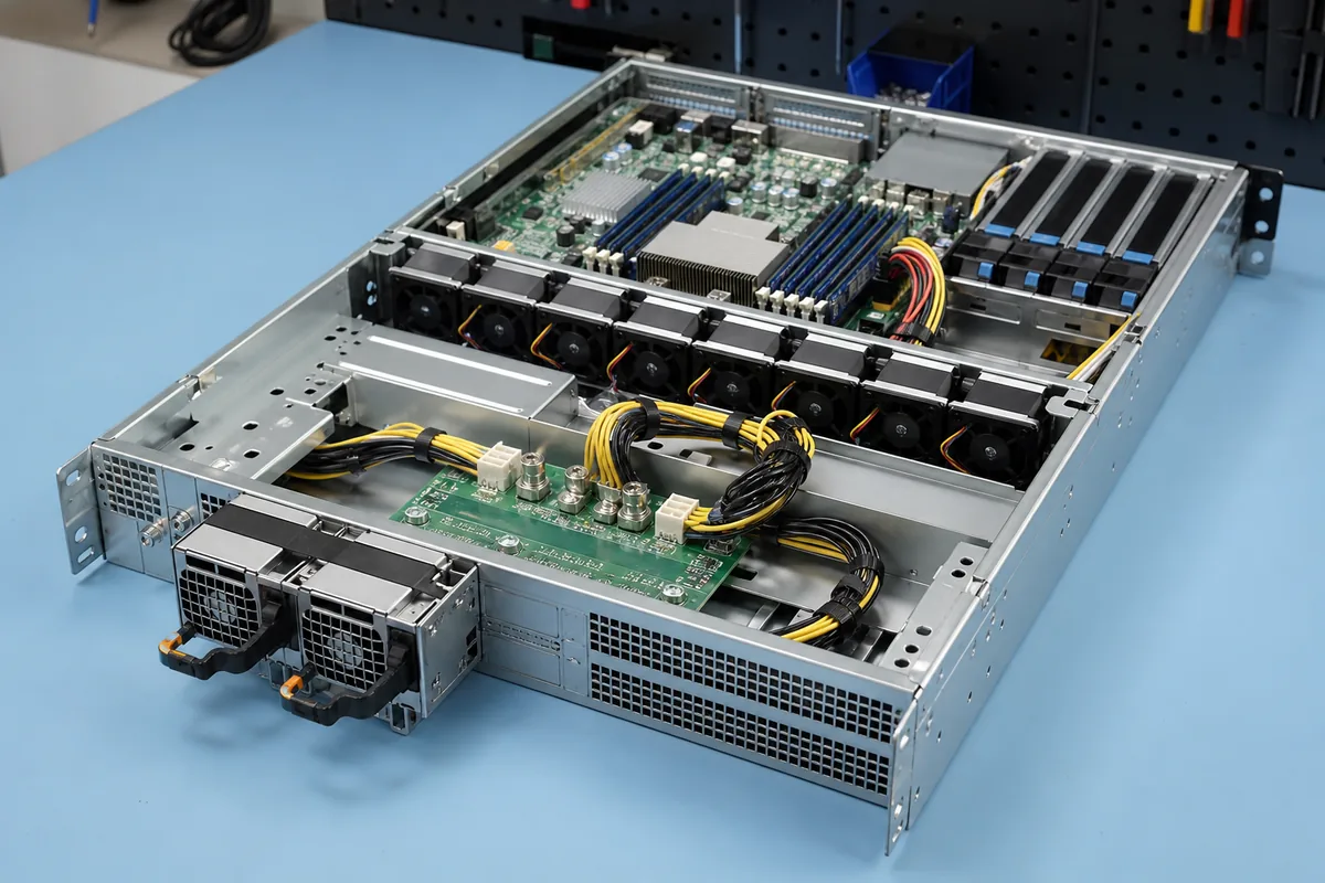 Open chassis showing CRPS modules, power distribution board, and output harnesses