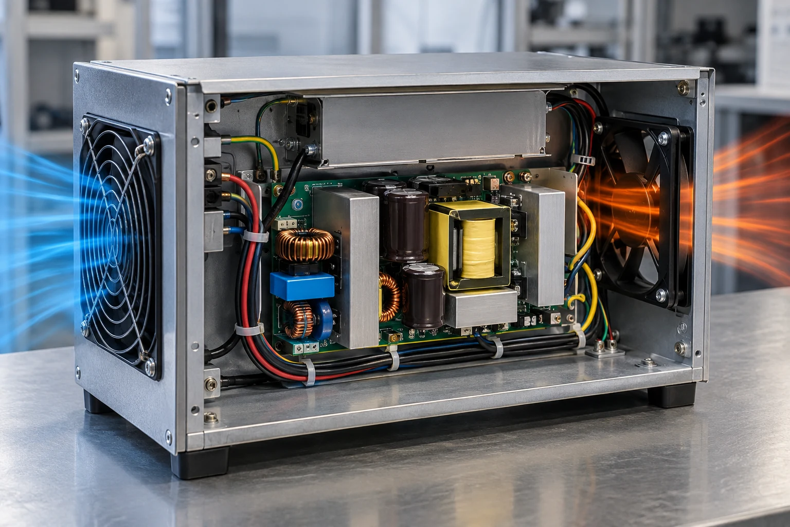 Open frame power supply airflow integration in compact enclosure