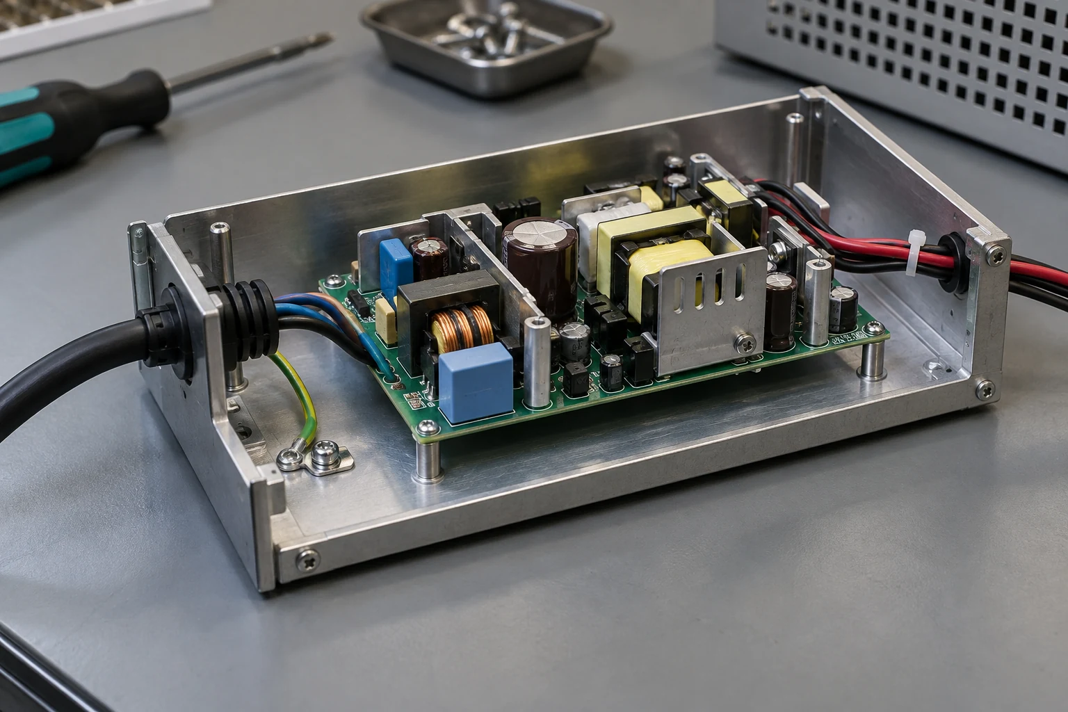 Open frame power supply mounting and wiring inspection