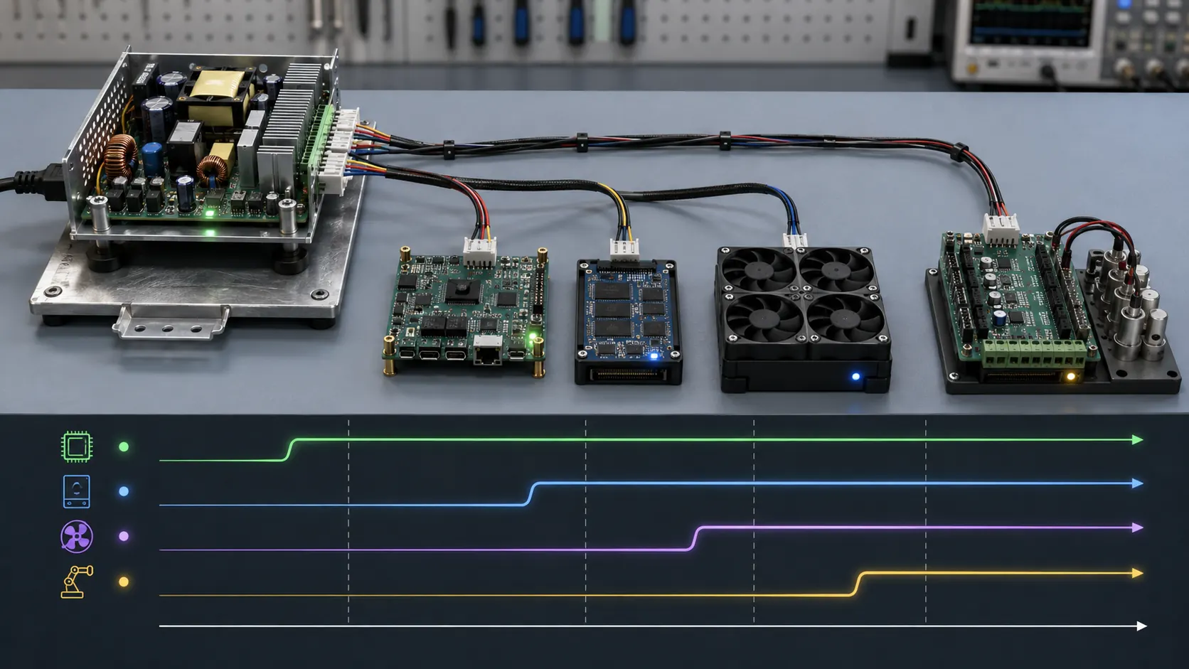 Open frame power supply output rail sequencing