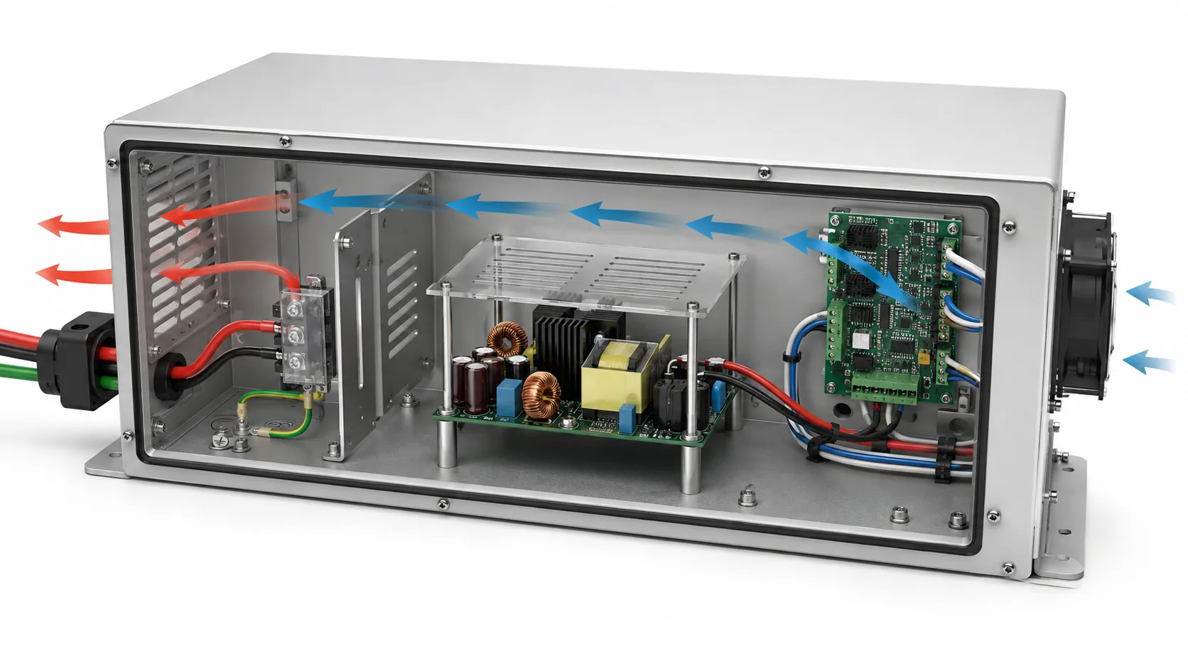 Open industrial enclosure showing DC-DC converter mounting and airflow path