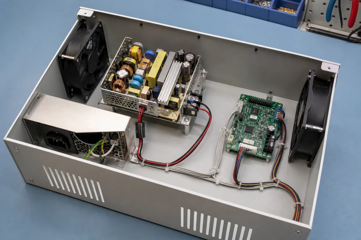 Open industrial enclosure showing power-supply adjustment access and airflow path