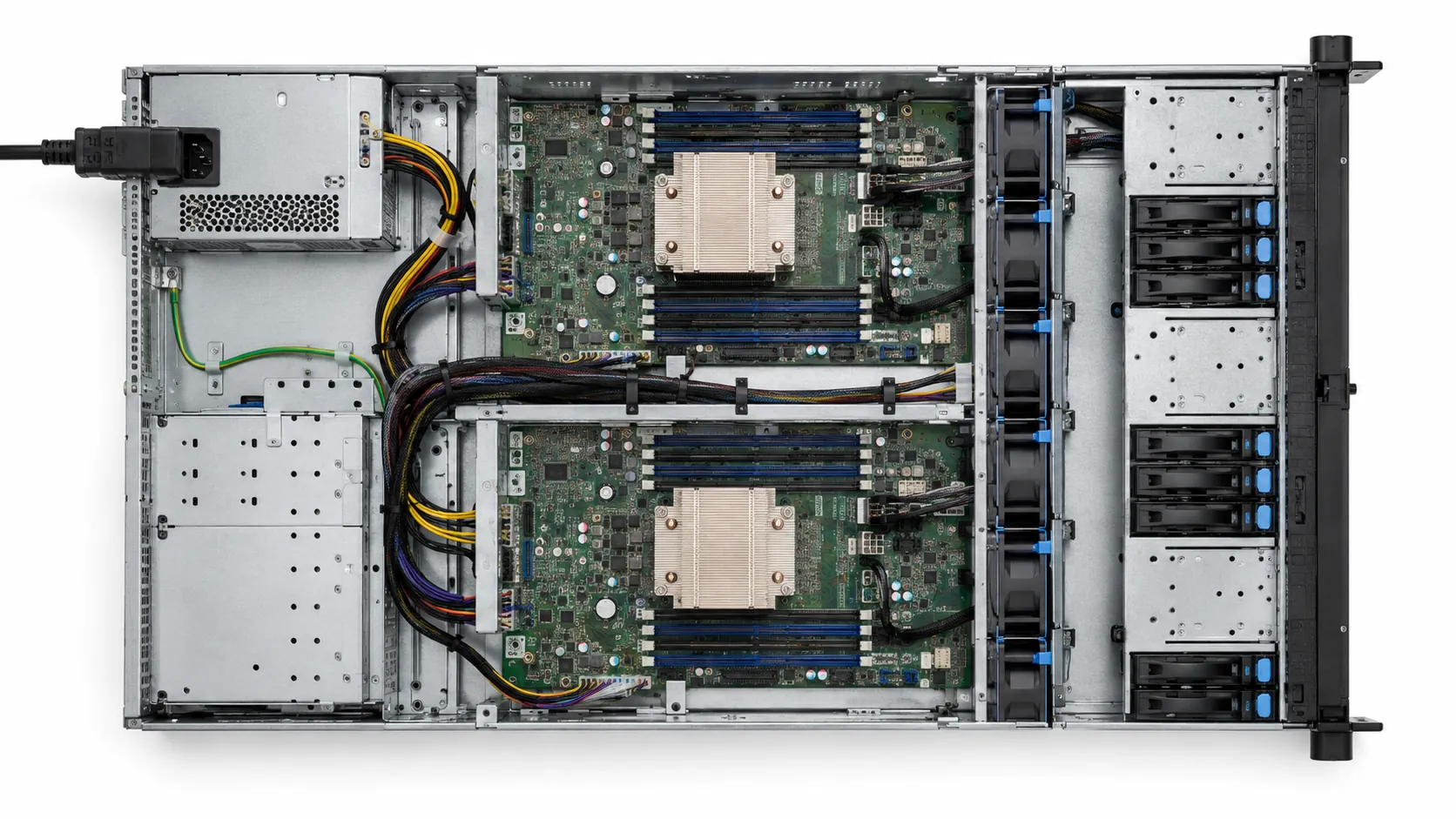 Open server showing the single PSU, AC inlet, output harness, and motherboard connections