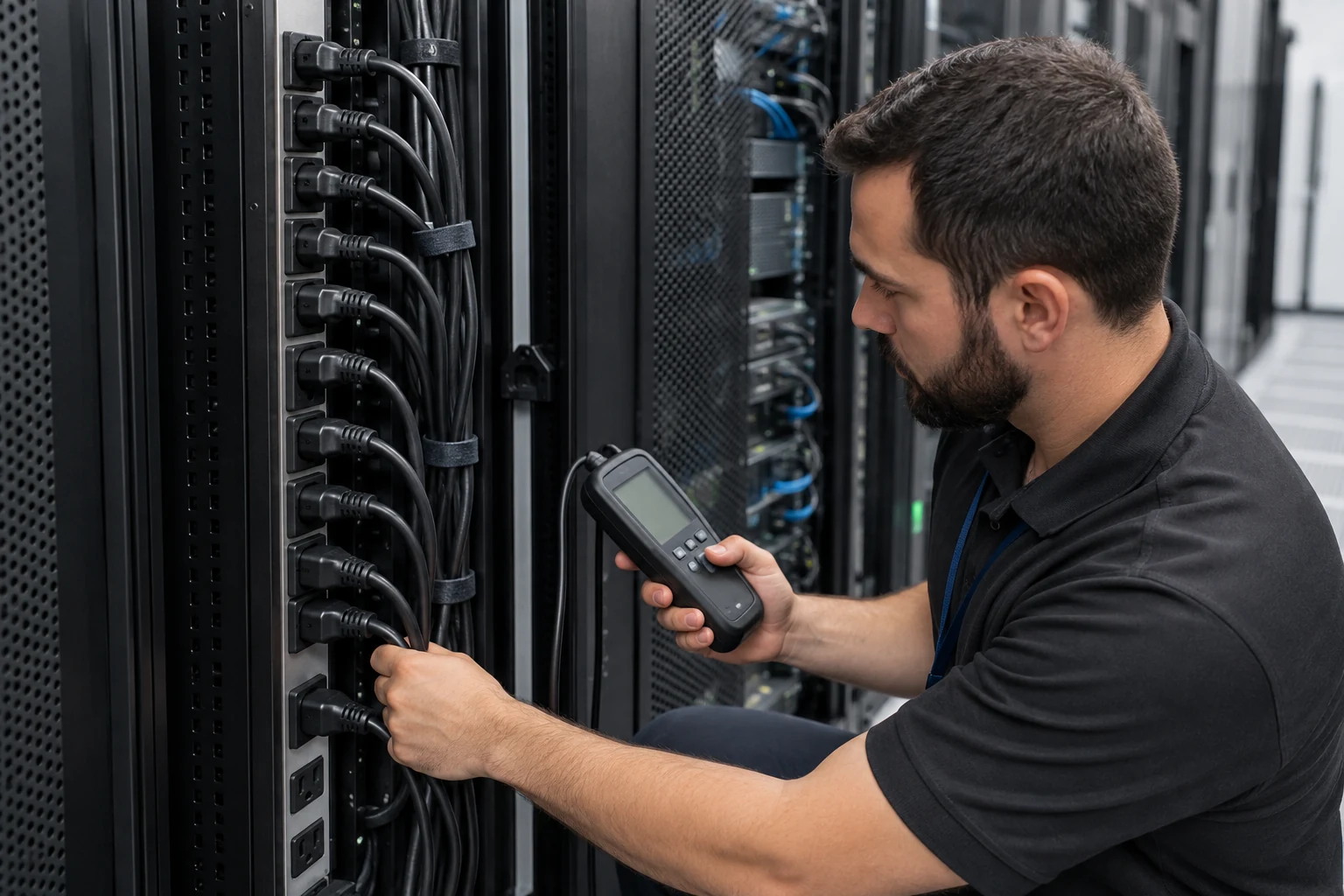 Technician reviewing rack PDU power cord routing and monitoring