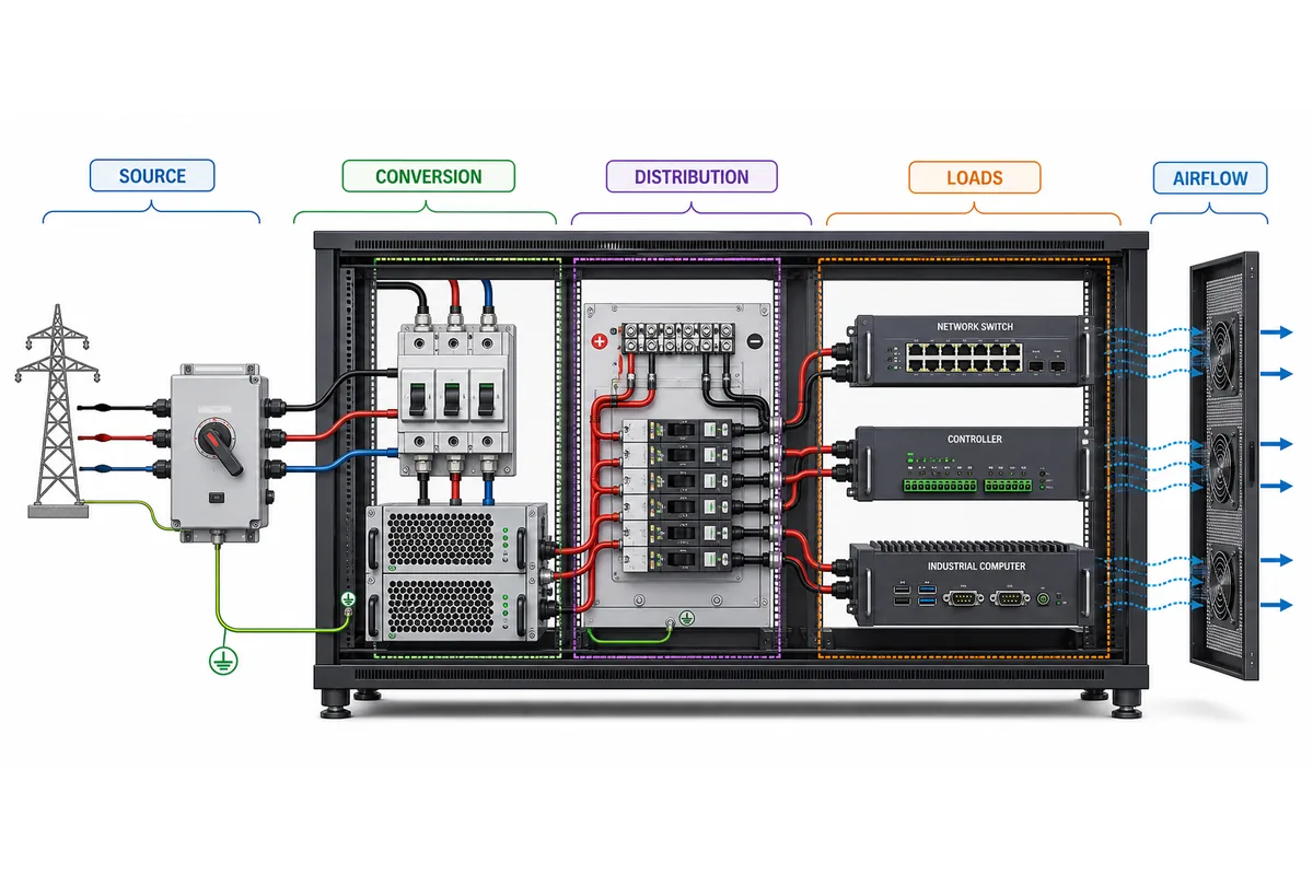 Rack power boundary from source through conversion and distribution to industrial loads
