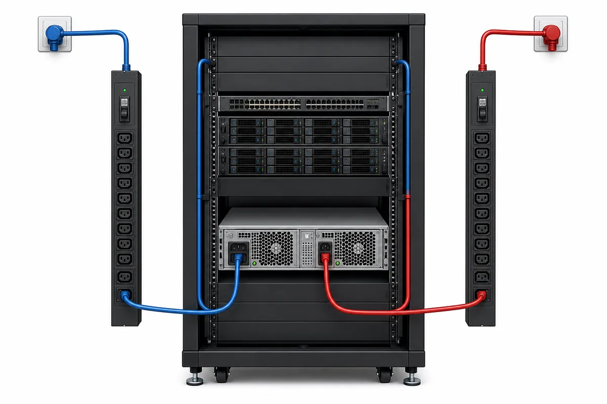 Rack power paths from separate feeds to a high-power redundant server