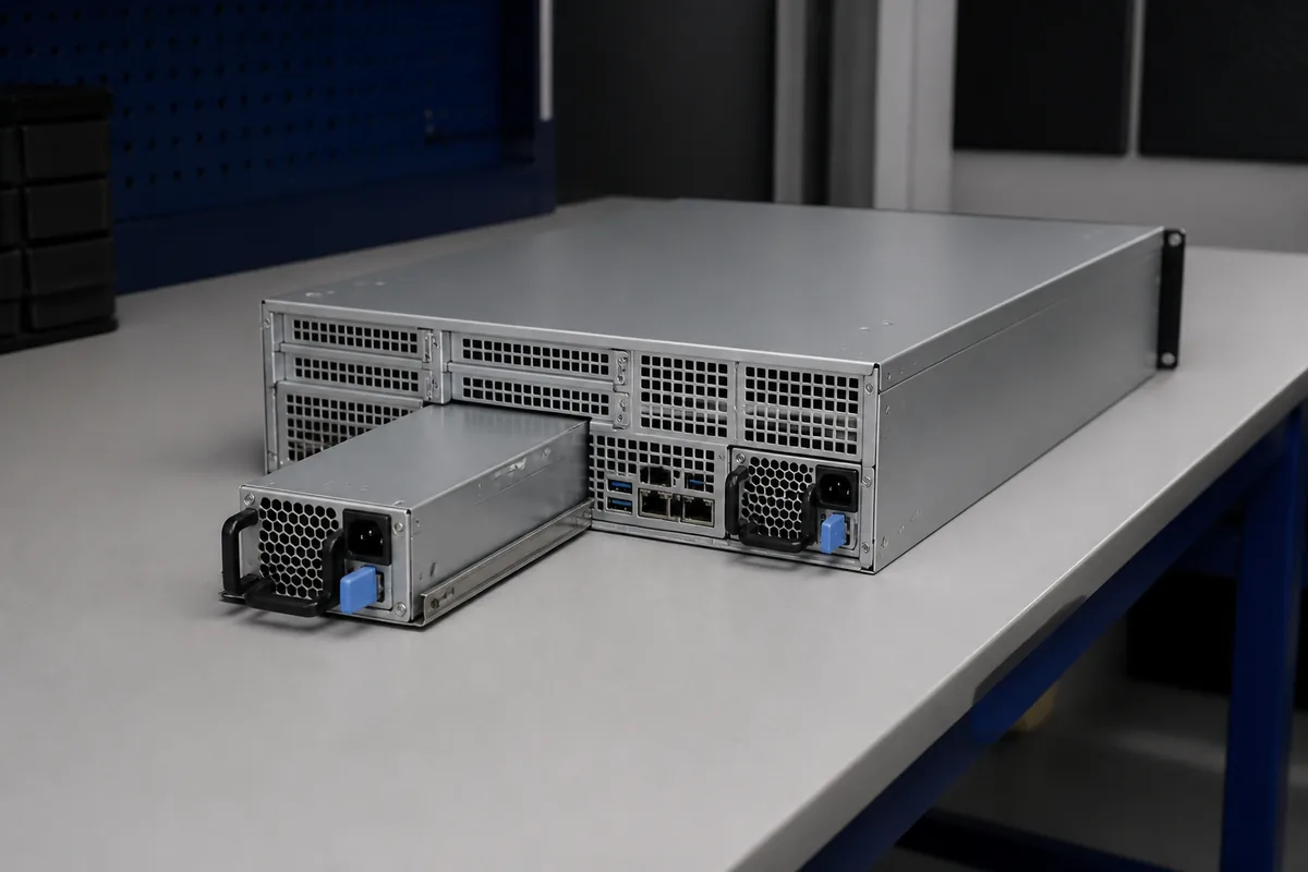 Rack server with one complete PSU partially extracted for clearance inspection