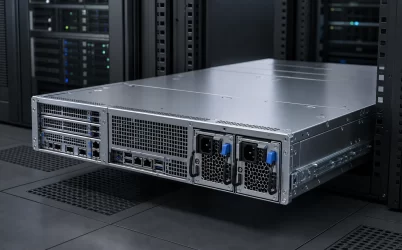 Rack server with two hot-plug power supply modules at the rear