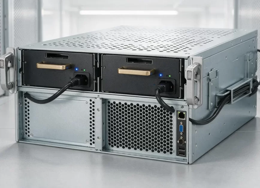 Rack server with two redundant hot-plug power supply modules