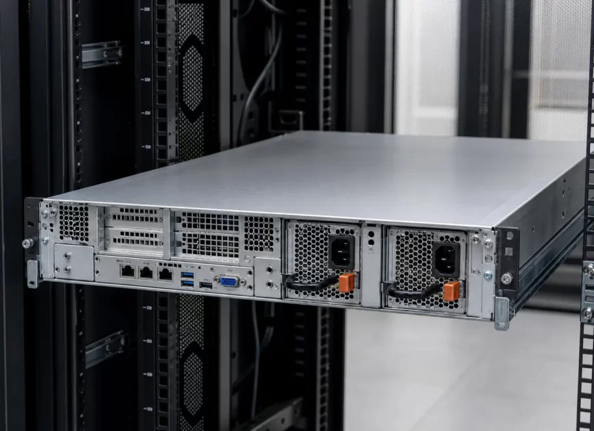 Rack server with two removable redundant power supply modules visible at the rear