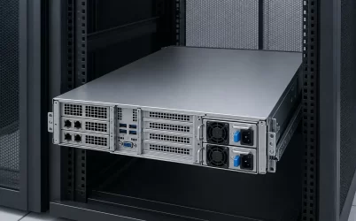Rackmount cloud server with two hot-plug power supply modules in a data-center rack