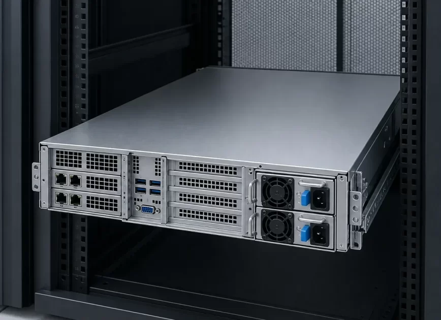 Rackmount cloud server with two hot-plug power supply modules in a data-center rack