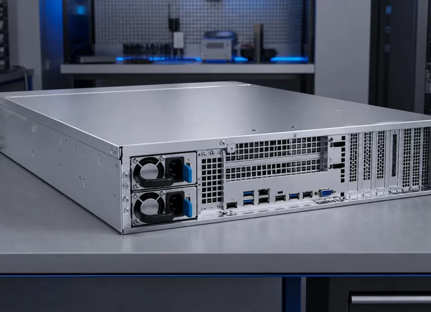Rackmount server chassis with removable server power supply modules in an engineering workspace