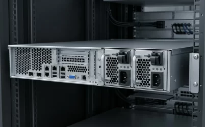 Rear three-quarter view of a dedicated rack server with two hot-plug power supply modules