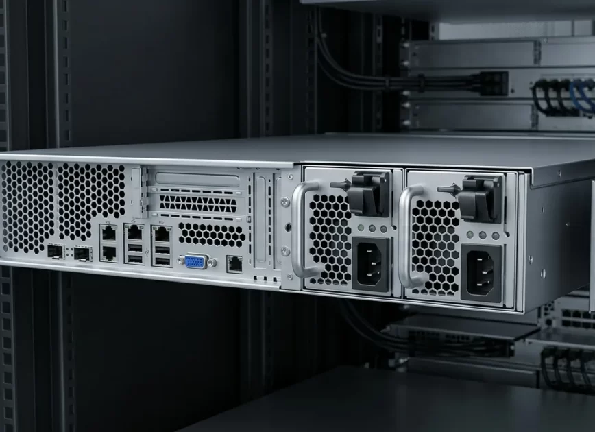 Rear three-quarter view of a dedicated rack server with two hot-plug power supply modules