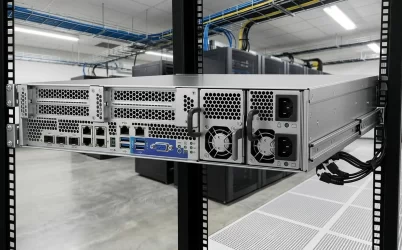 Rear three-quarter view of a rack server with complete removable power supply modules installed