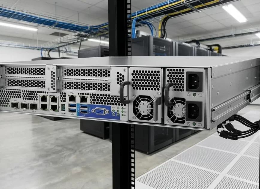 Rear three-quarter view of a rack server with complete removable power supply modules installed