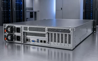 Rear three-quarter view of a rack server with two hot-plug power supply modules