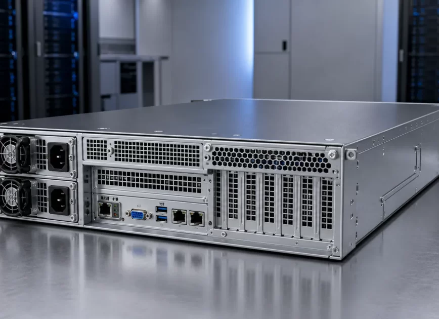 Rear three-quarter view of a rack server with two hot-plug power supply modules