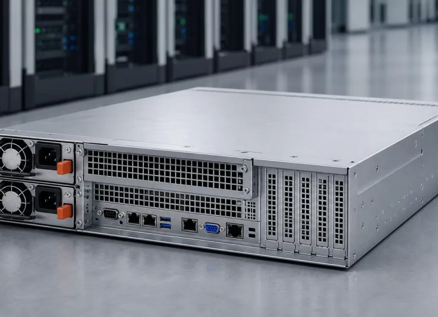 Rear three-quarter view of a server with two removable CRPS power modules