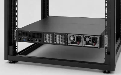Rear view of a rack server with two redundant hot-plug power supply modules in a data center