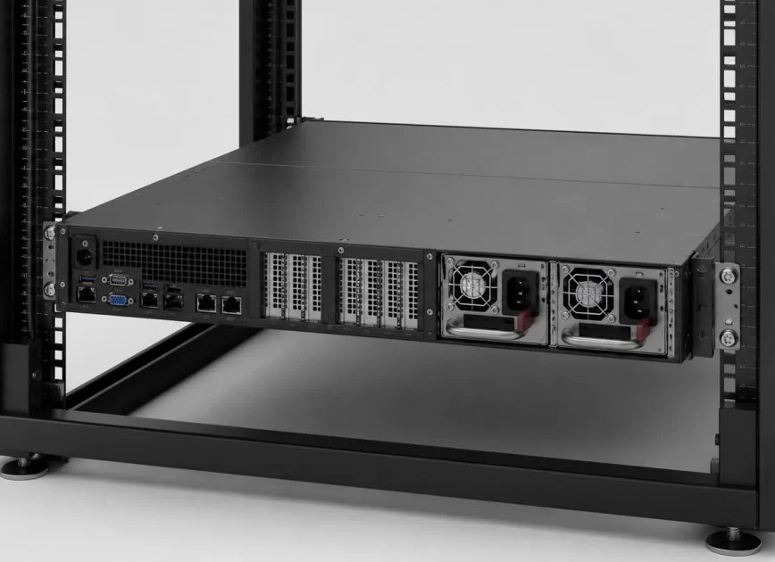 Rear view of a rack server with two redundant hot-plug power supply modules in a data center