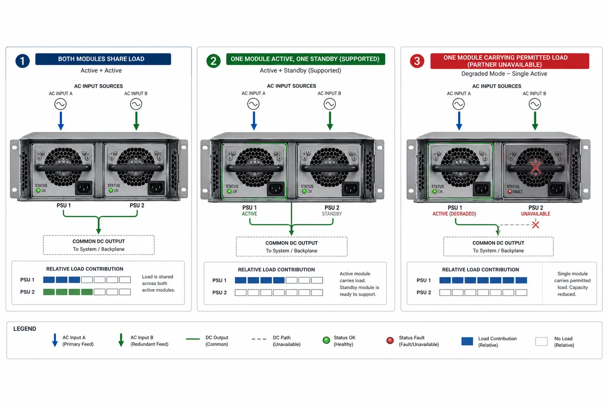 Redundant AI server power supplies in shared, standby, and degraded operating states