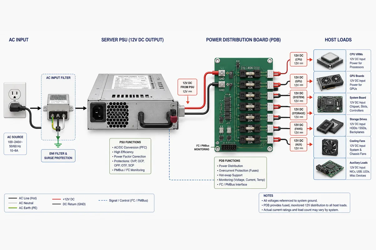 Redundant server PSU modules aligned with their cage and power distribution board