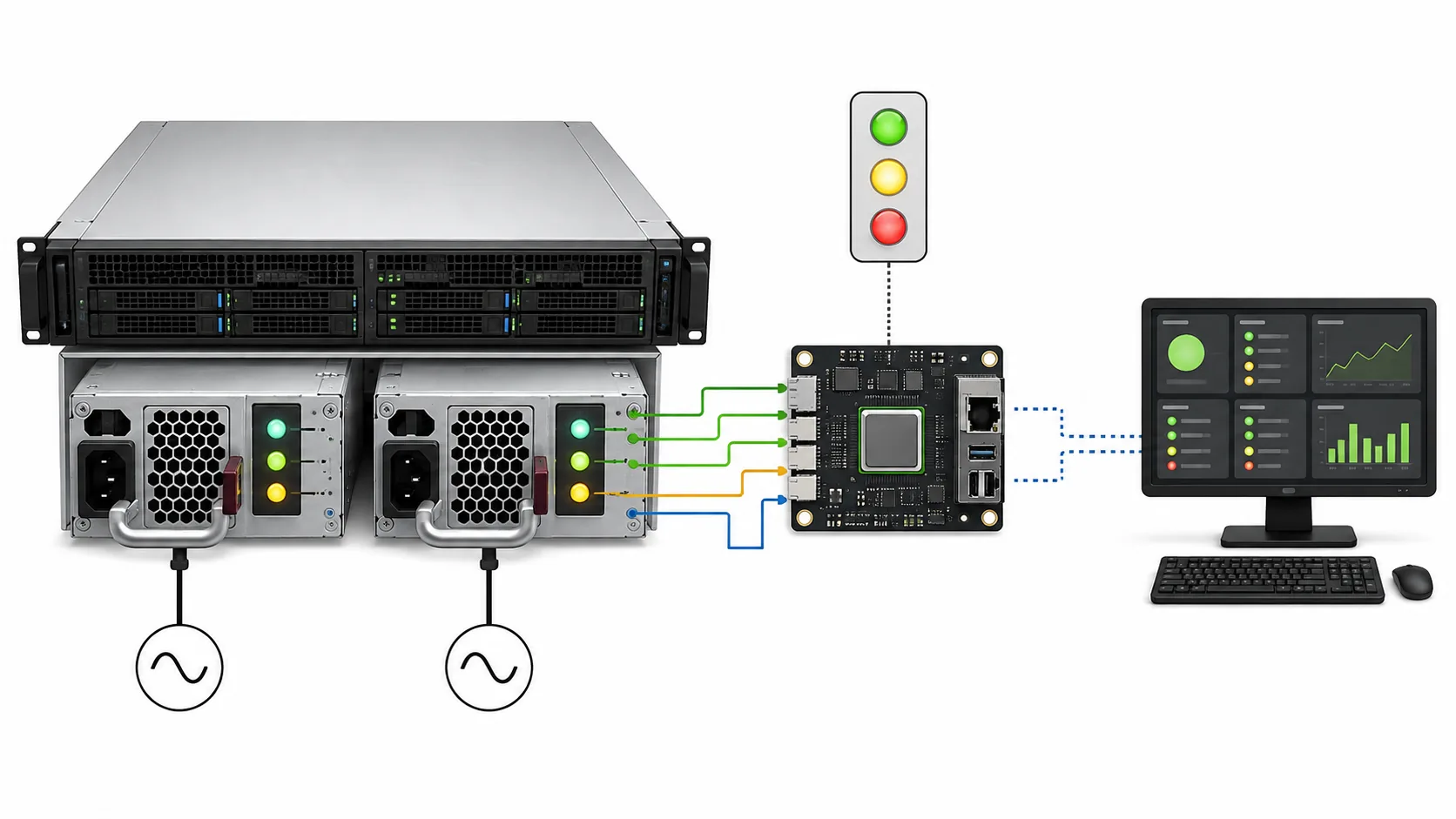 Redundant server PSU status states and transitions shown as a complete operations diagram