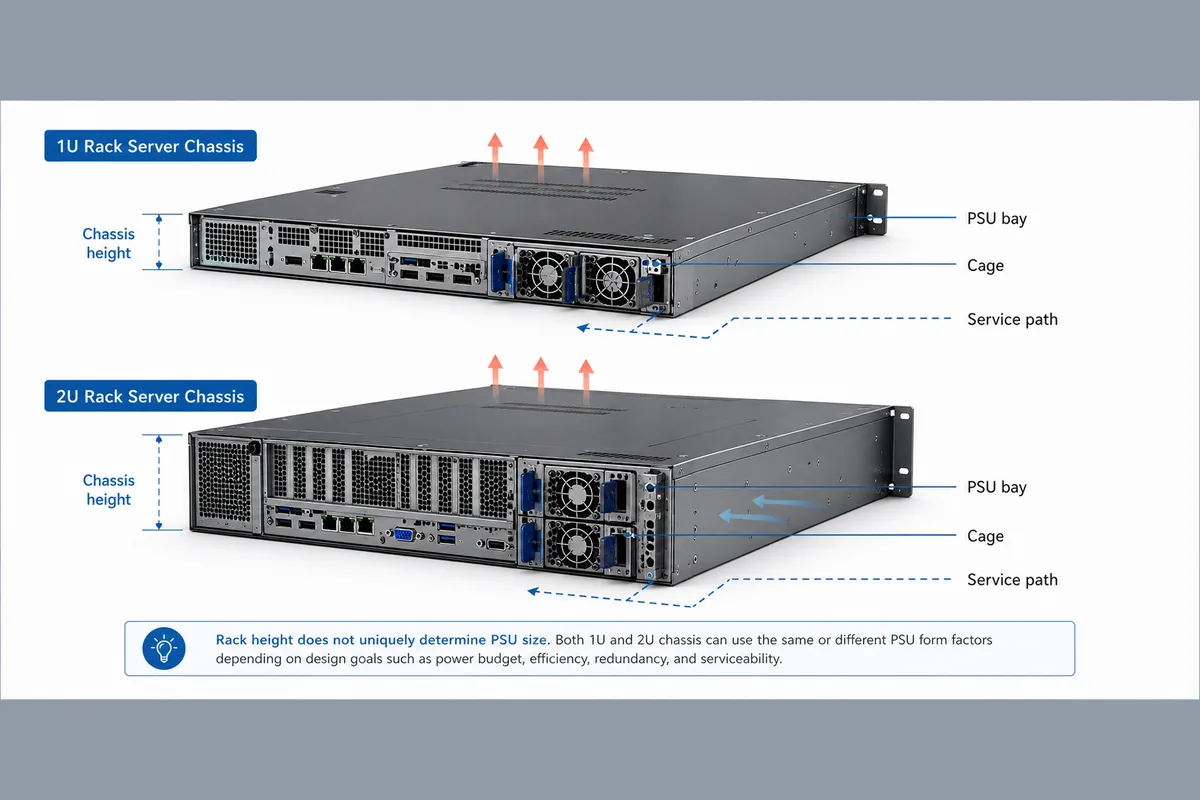 Server chassis layout showing rack height context and the PSU bay relationship