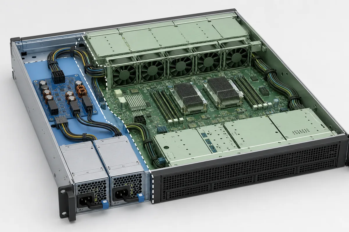Server power assembly showing PSU modules, PDB, harnesses, fans, and host electronics