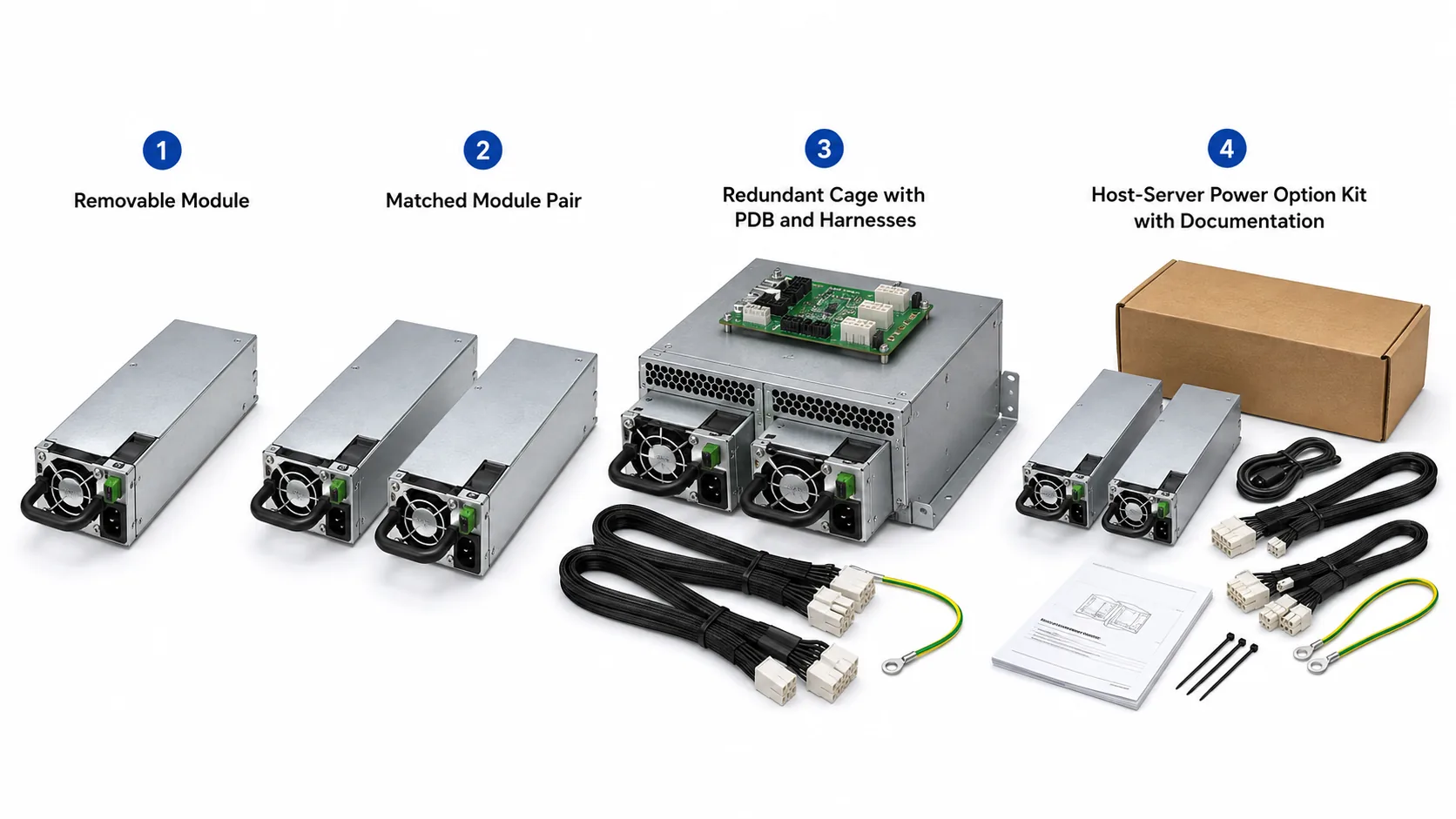 Server power module, module pair, complete redundant cage assembly, and technical document shown as different result scopes