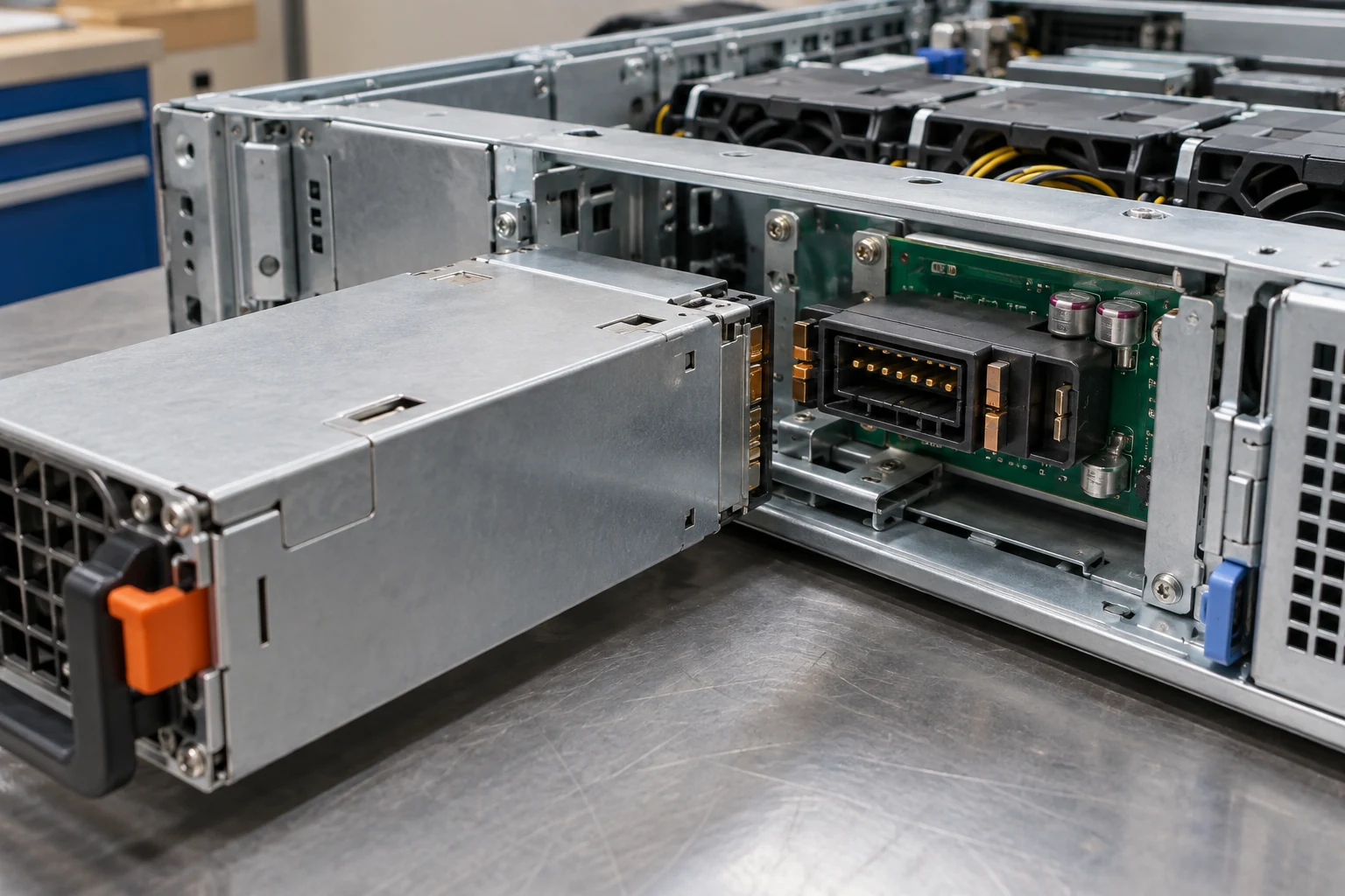Hot swap server power supply and power distribution board interface