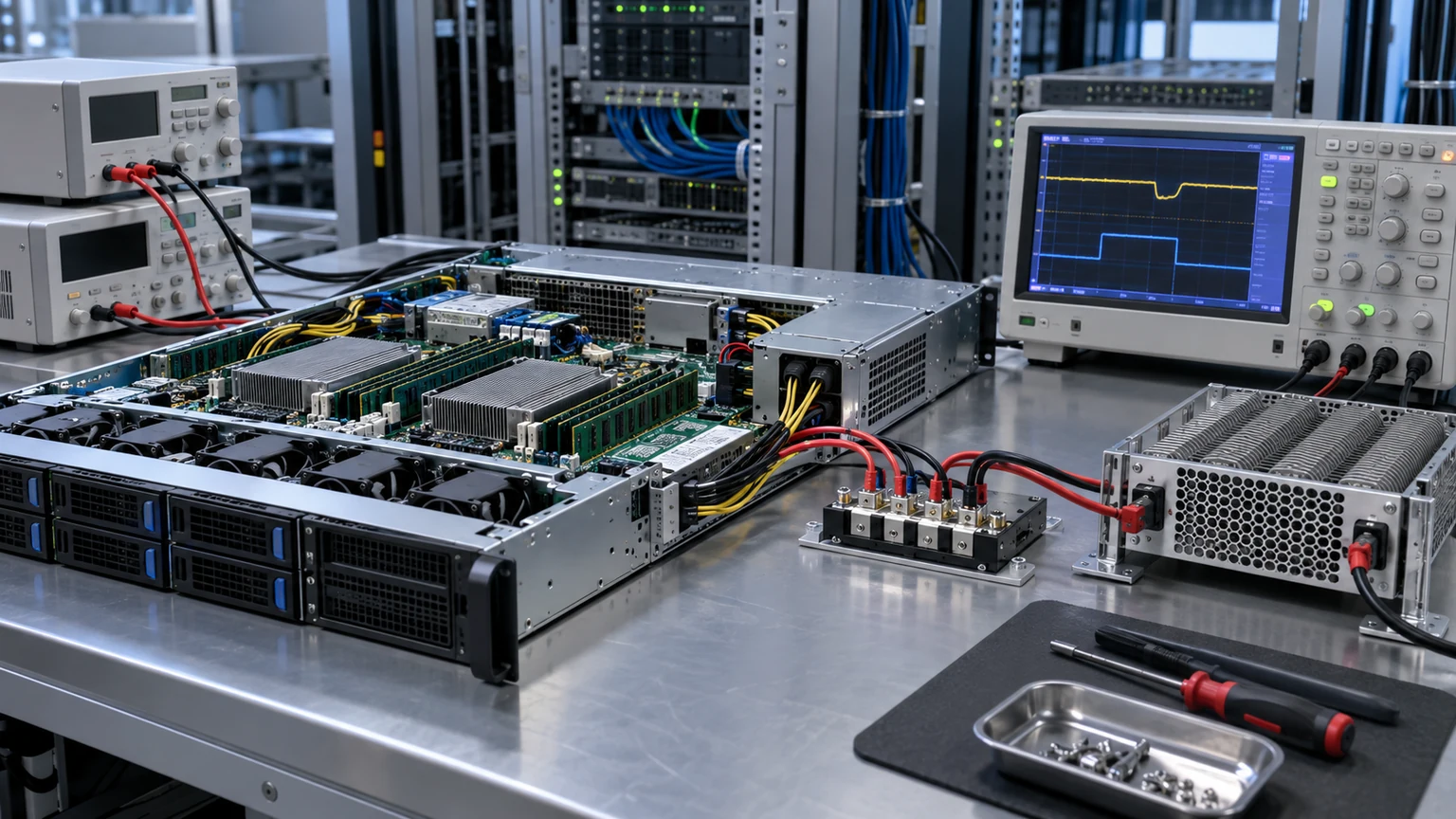 Server power validation bench with oscilloscope and load-path connections