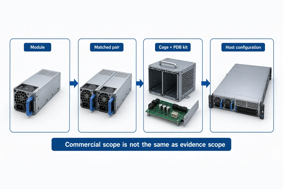 Server PSU module, redundant pair, kit, and host configuration shown as separate scopes