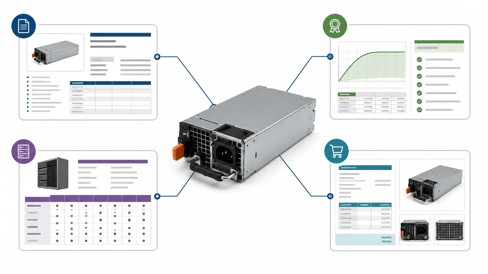 Server PSU surrounded by separate manufacturer, certification, host, and seller records