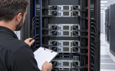 Engineer reviewing dual rack PDU feed paths for a bank of servers