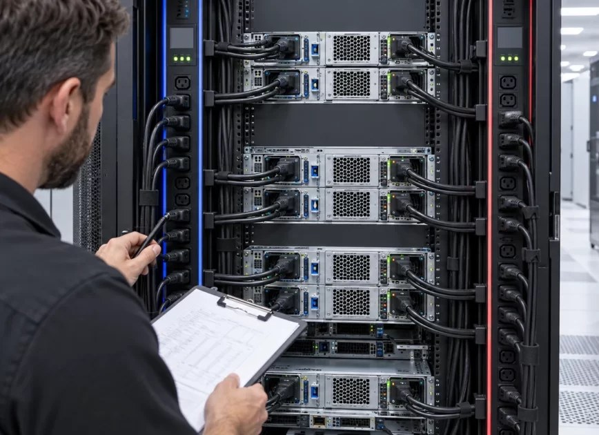 Engineer reviewing dual rack PDU feed paths for a bank of servers