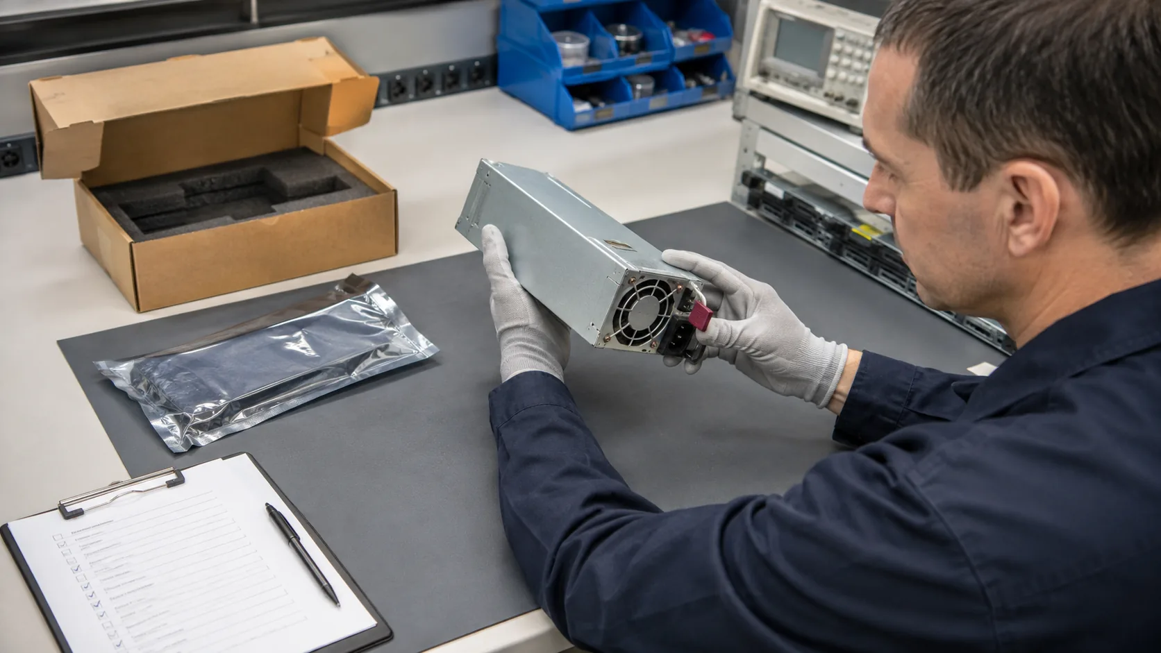 Technician inspecting a complete hot-plug server PSU and its condition before purchase