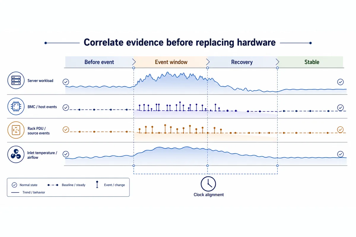 Timeline correlating server workload, BMC events, rack power, and inlet temperature